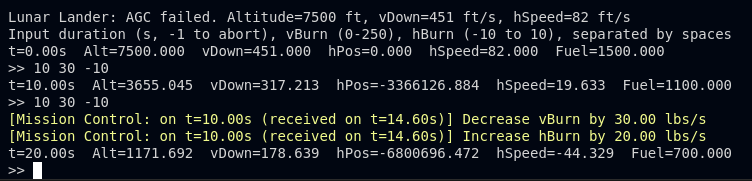 Terminal interface showing lunar descent stats
