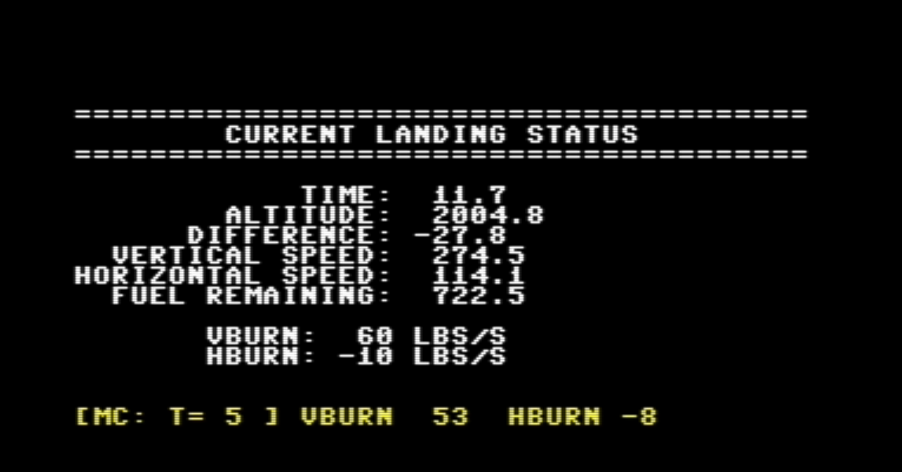 Terminal interface showing lunar descent stats